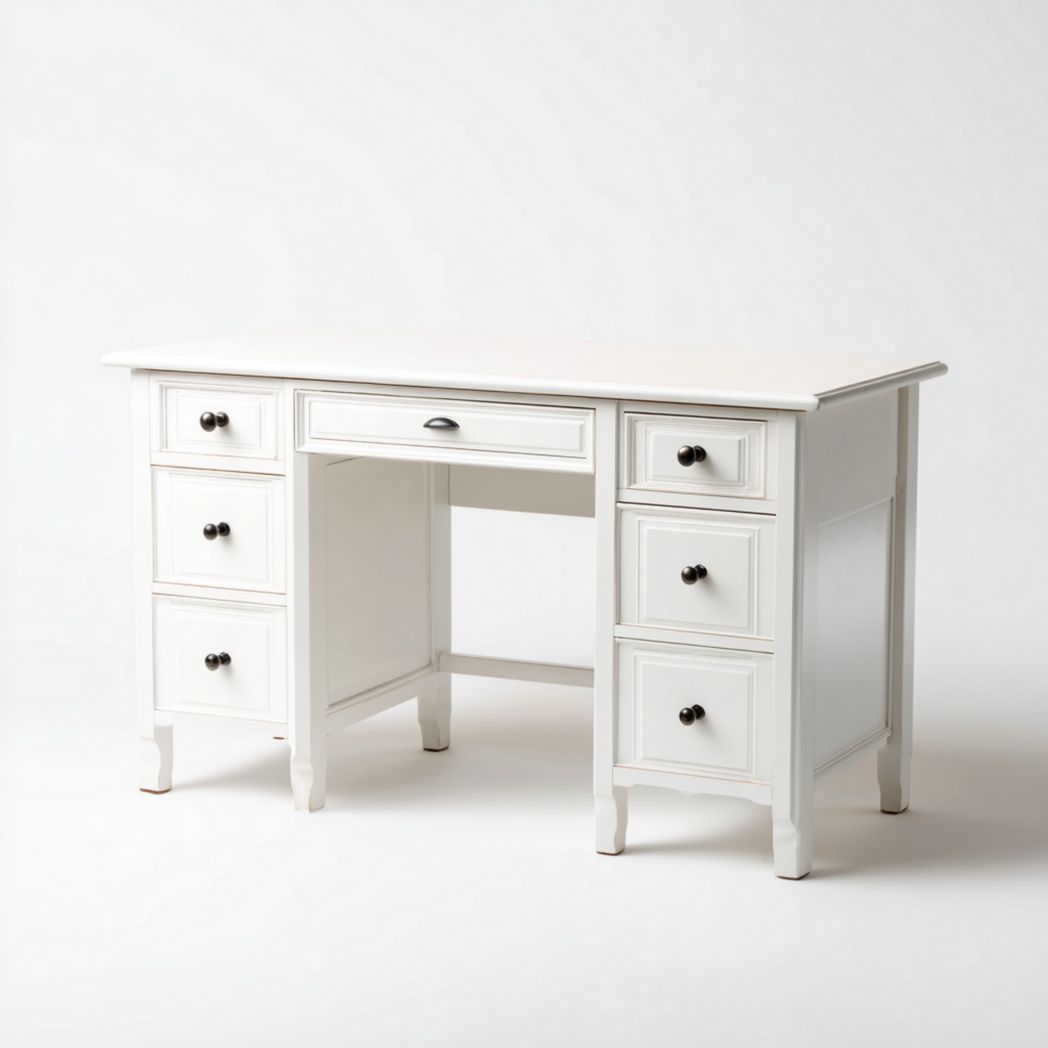 Bureau rectangulaire en bois blanc avec tiroirs des deux côtés et poignées en métal noir