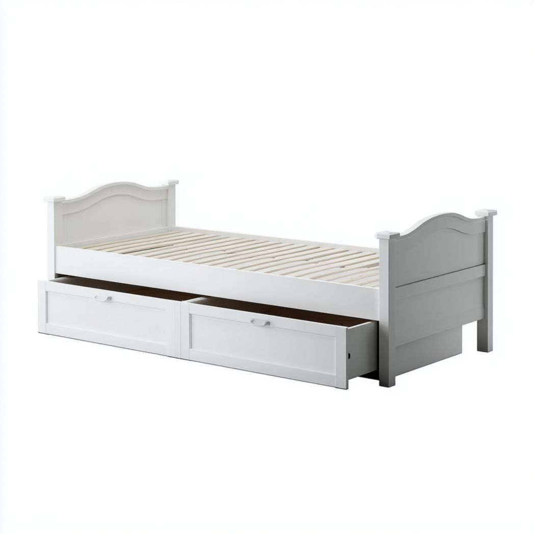 Lit simple en bois massif avec deux tiroirs de rangement, sans matelas