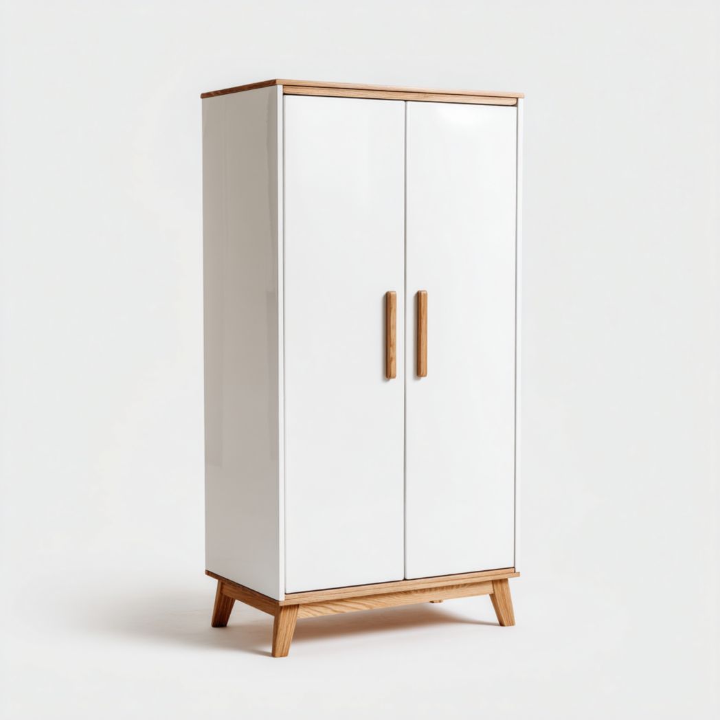 Armoire blanche brillante à deux portes avec cadre en chêne et base en bois massif