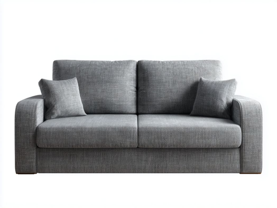 Canapé 2 places en tissu gris foncé, structure et pieds en bois, avec deux coussins gris foncé