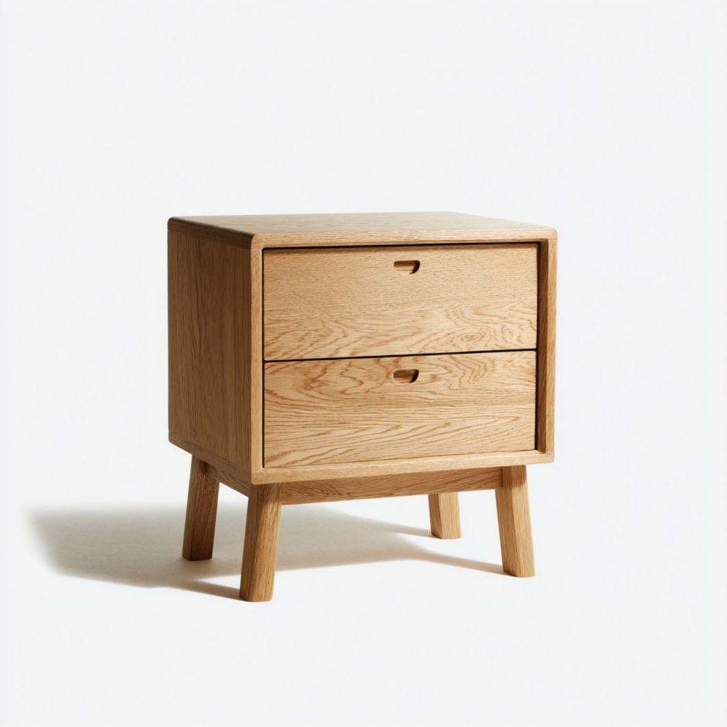 Table de chevet carrée en bois massif brun clair avec deux tiroirs et coins arrondis