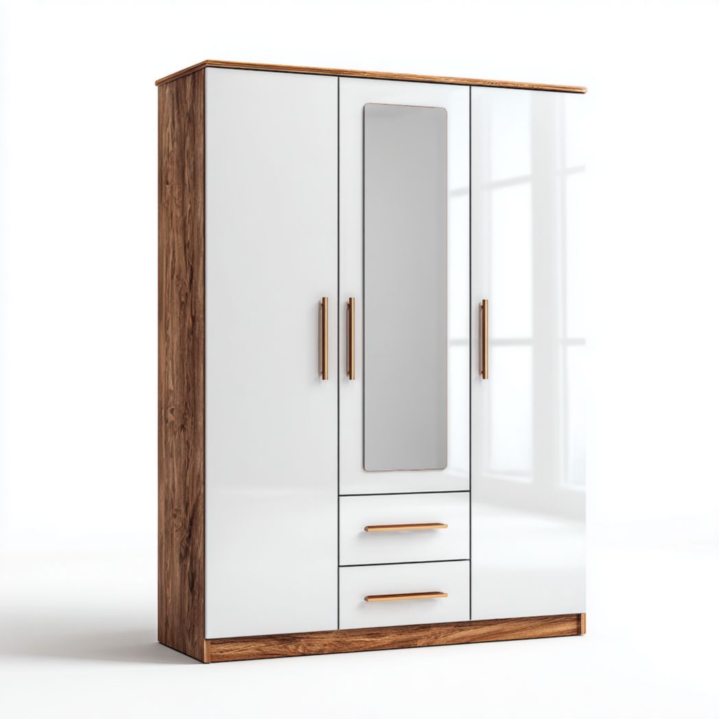 Armoire blanche brillante à trois portes avec miroir et finitions en noyer