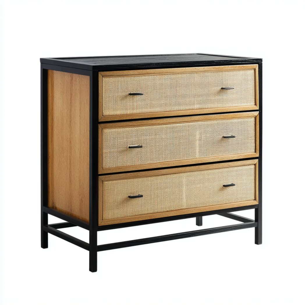 Commode à trois tiroirs avec structure noire en métal et façades beige clair tressées