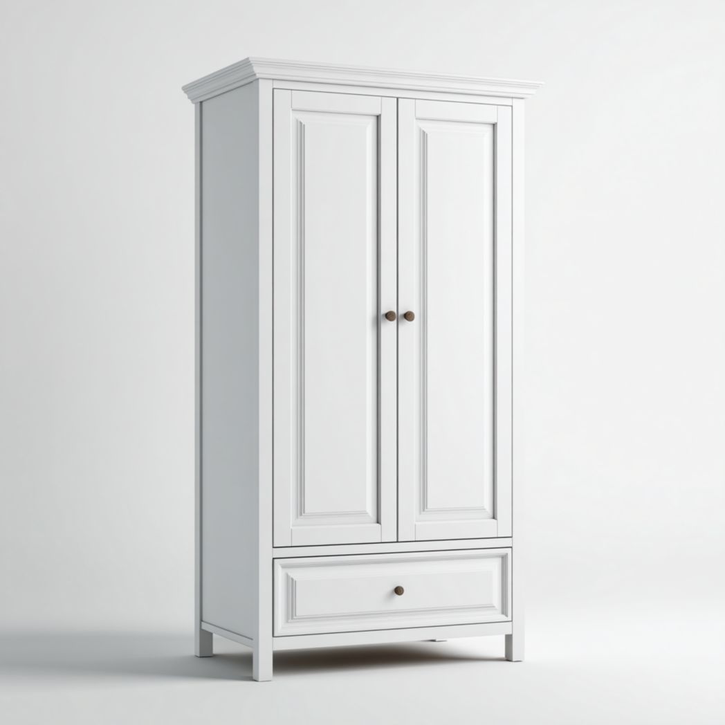 Armoire blanche à deux portes avec tiroir inférieur et poignées rondes en métal
