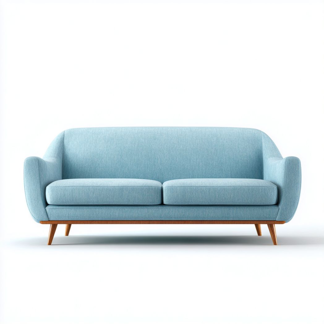 Canapé 3 places en tissu bleu clair avec accoudoirs arrondis et base en bois brun clair