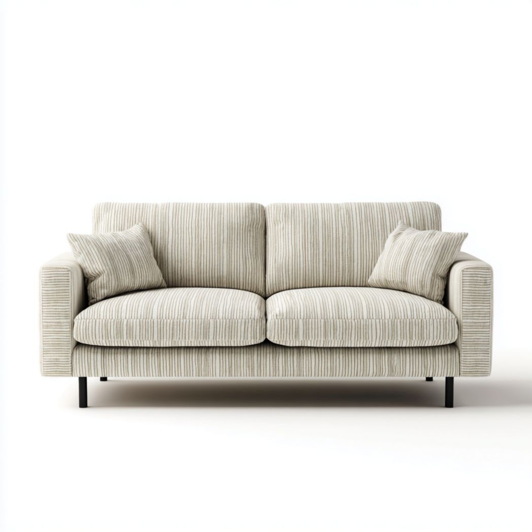 Canapé 2 places en tissu à rayures beige clair, accoudoirs droits et deux coussins assortis