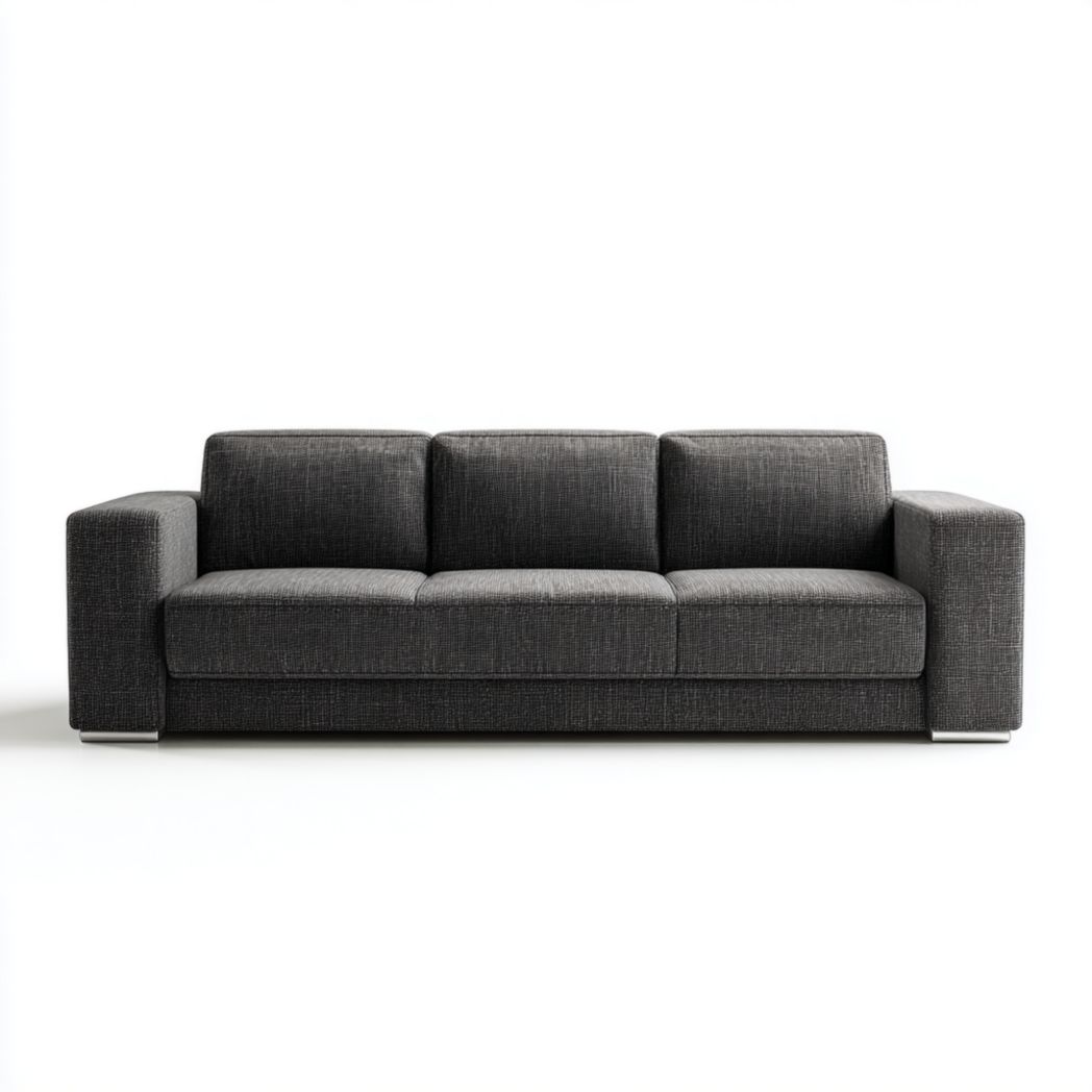 Canapé 3 places en tissu gris foncé avec accoudoirs carrés et pieds métalliques argentés