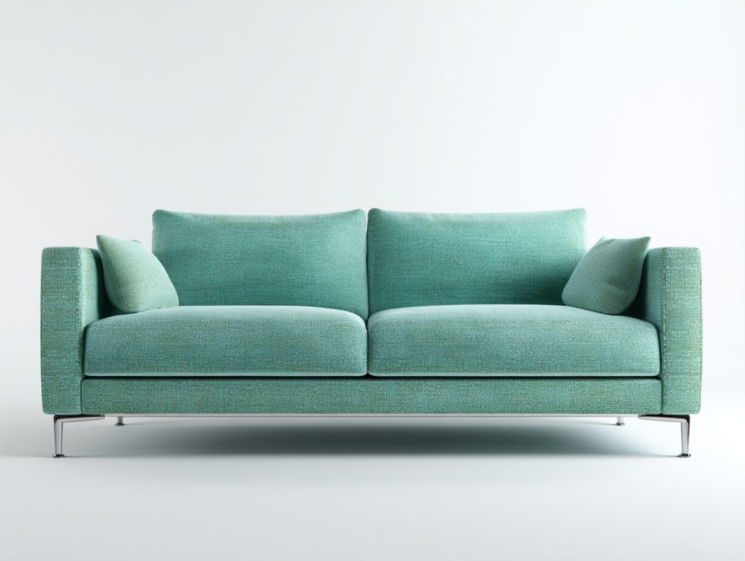 Canapé 2 places en tissu vert menthe, structure et pieds en métal, avec deux coussins vert menthe