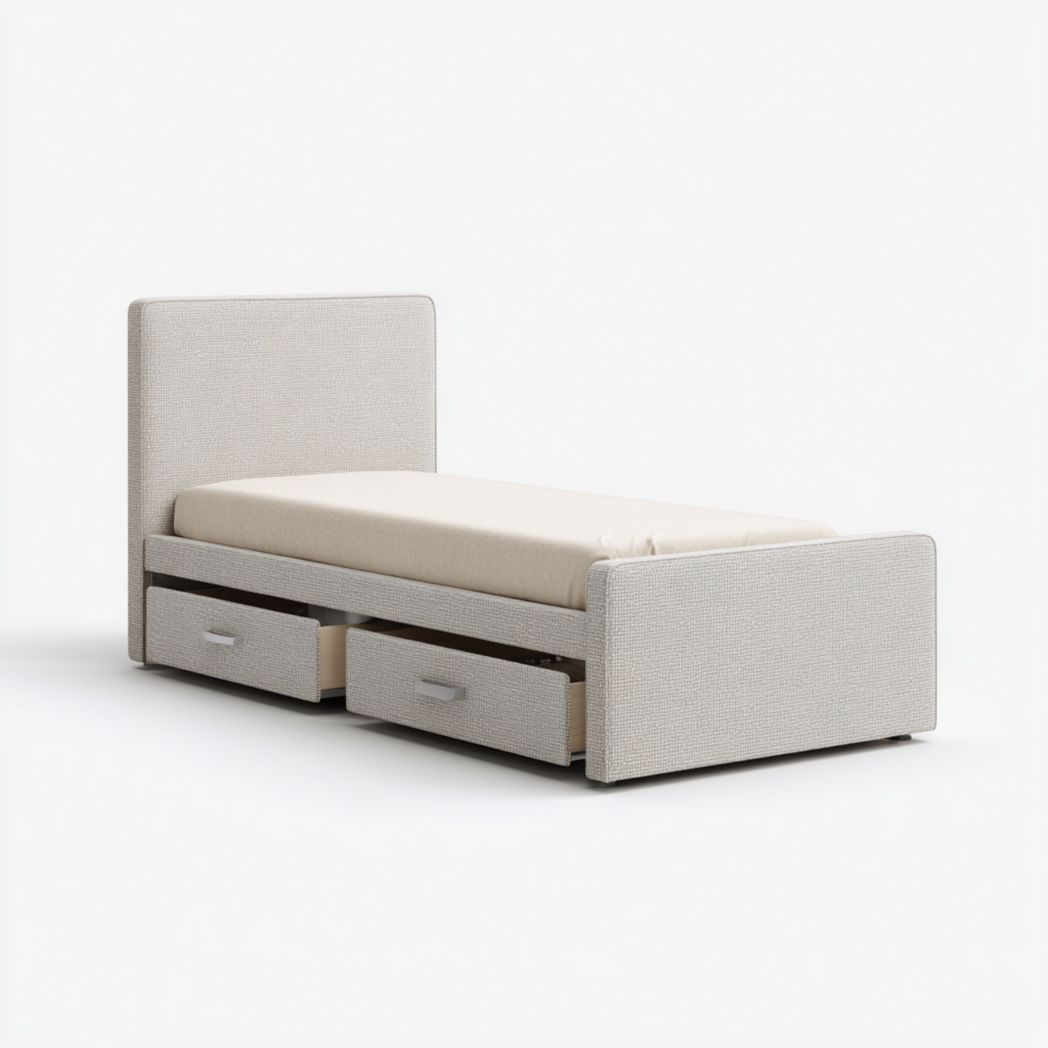 Lit simple rembourré beige clair avec tiroirs de rangement et matelas inclus