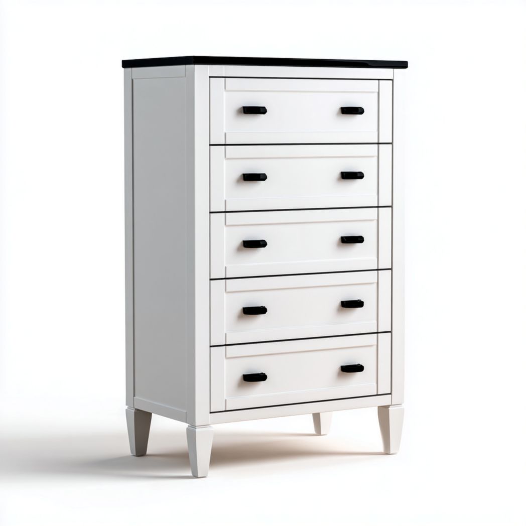 Commode blanche à cinq tiroirs avec plateau noir et poignées métalliques