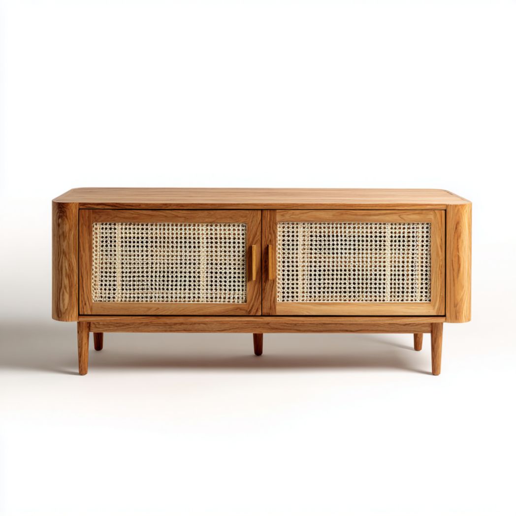 Meuble TV long marron clair, structure en bois massif avec portes doubles en rotin et poignées en métal