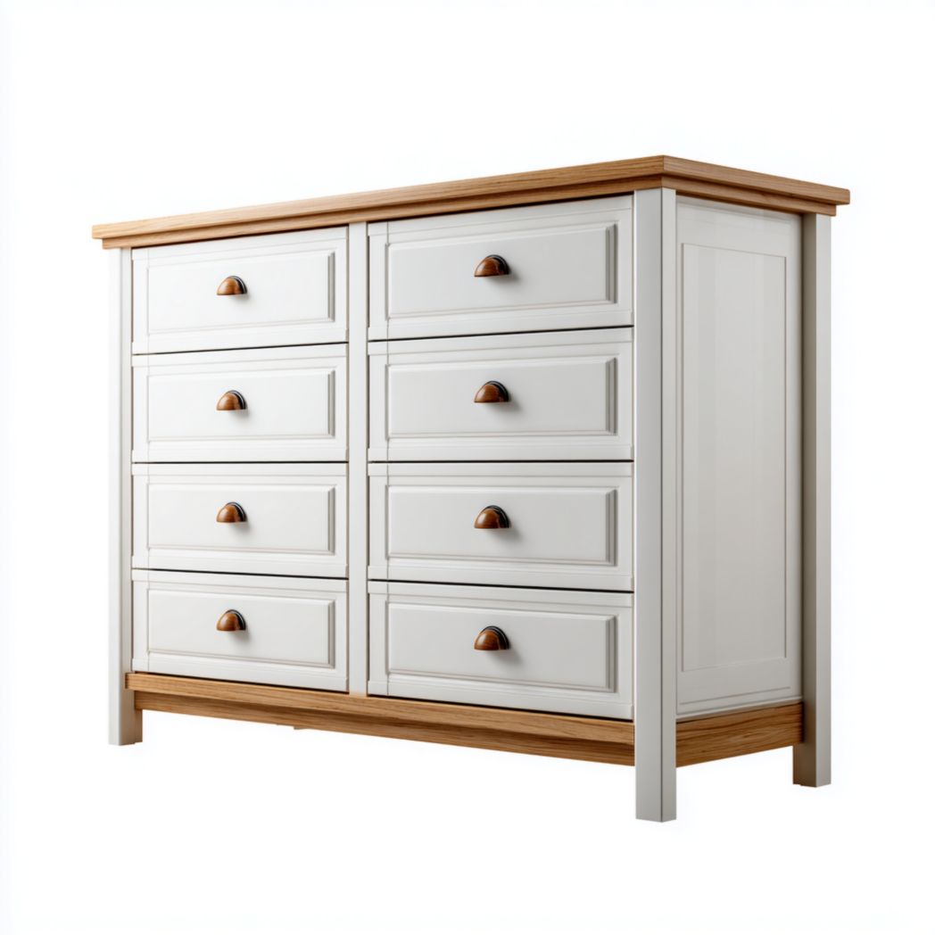 Armoire de rangement blanche à huit tiroirs avec comptoir marron clair et poignée semi-circulaire