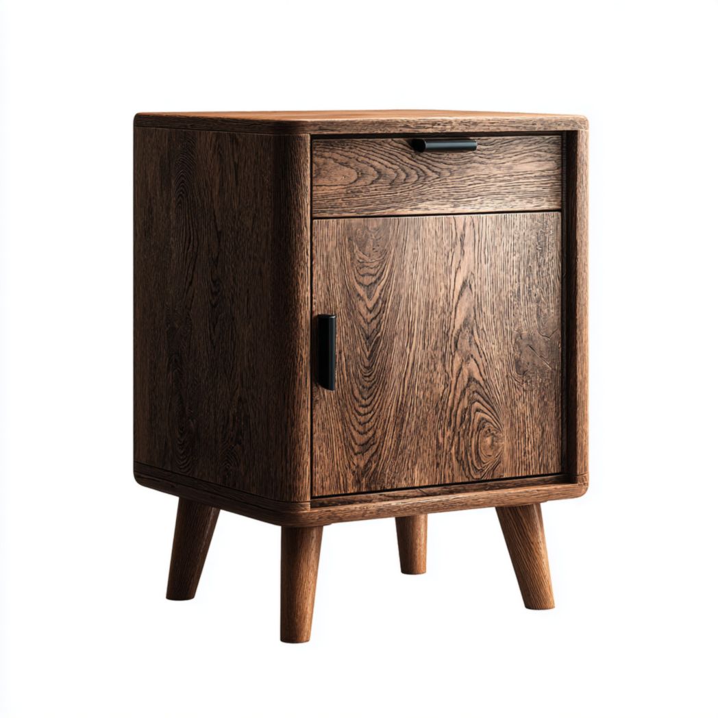 Table de chevet carrée en bois massif brun foncé avec tiroir supérieur et porte inférieure à poignées noires