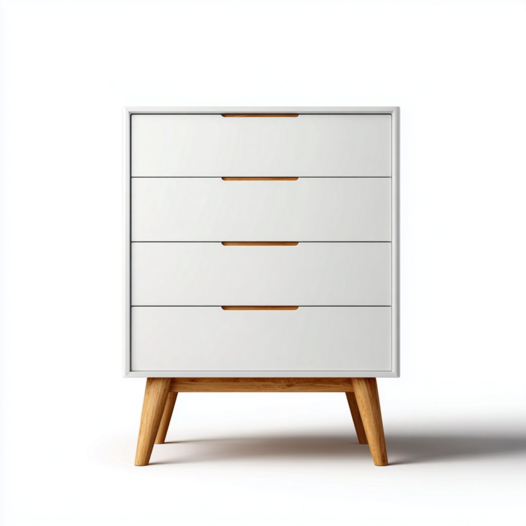 Meuble de rangement blanc à quatre tiroirs avec poignées encastrées et pieds marron clair