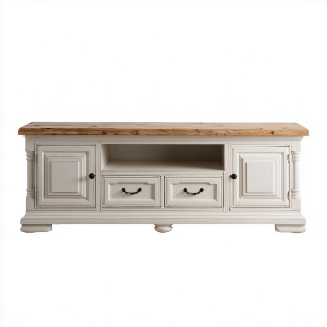 Meuble TV en bois massif blanc cassé avec plateau en chêne et poignées en métal noir