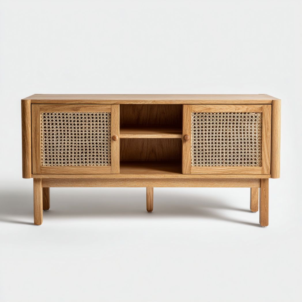 Meuble TV long marron clair, structure en bois massif avec portes doubles en rotin et poignées rondes en bois