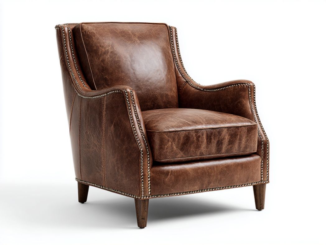 Fauteuil en similicuir brun à dossier haut avec clous décoratifs et pieds en bois massif