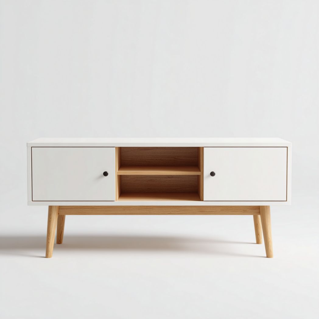 Meuble TV en bois blanc et marron clair, structure rectangulaire avec portes doubles et compartiment central ouvert