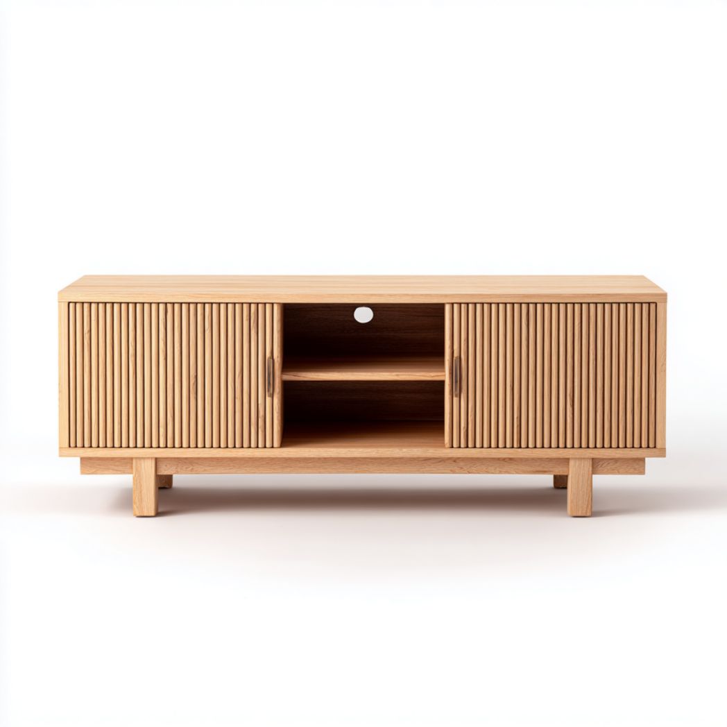 Meuble TV en bois marron clair avec porte verticale, structure en bois massif et panneau arrière à trous ronds