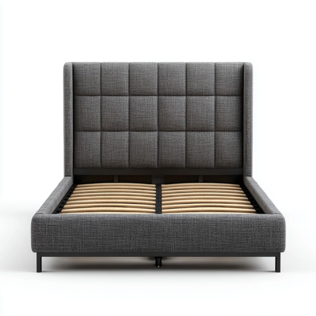 Cadre de lit en tissu gris foncé avec tête de lit capitonnée et lattes en bois clair