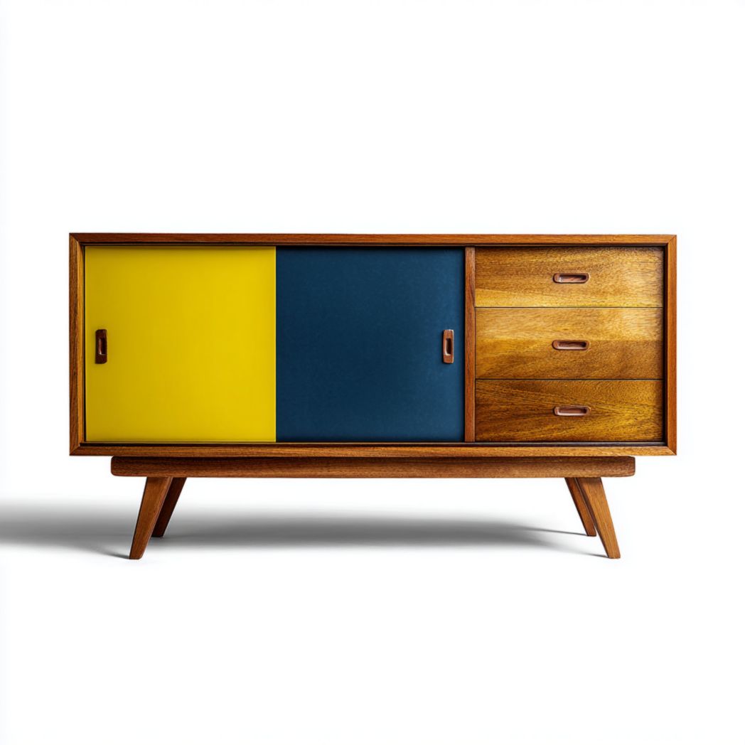 Buffet en bois massif multicolore, armoire de rangement à double porte et tiroir bleu et jaune