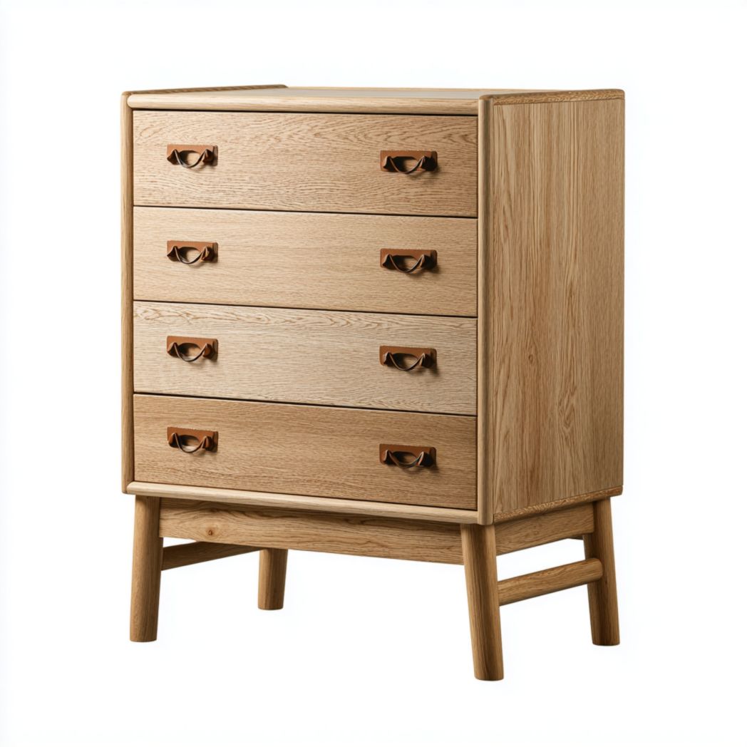 Commode à quatre tiroirs en bois avec structure brun clair et poignées en cuir