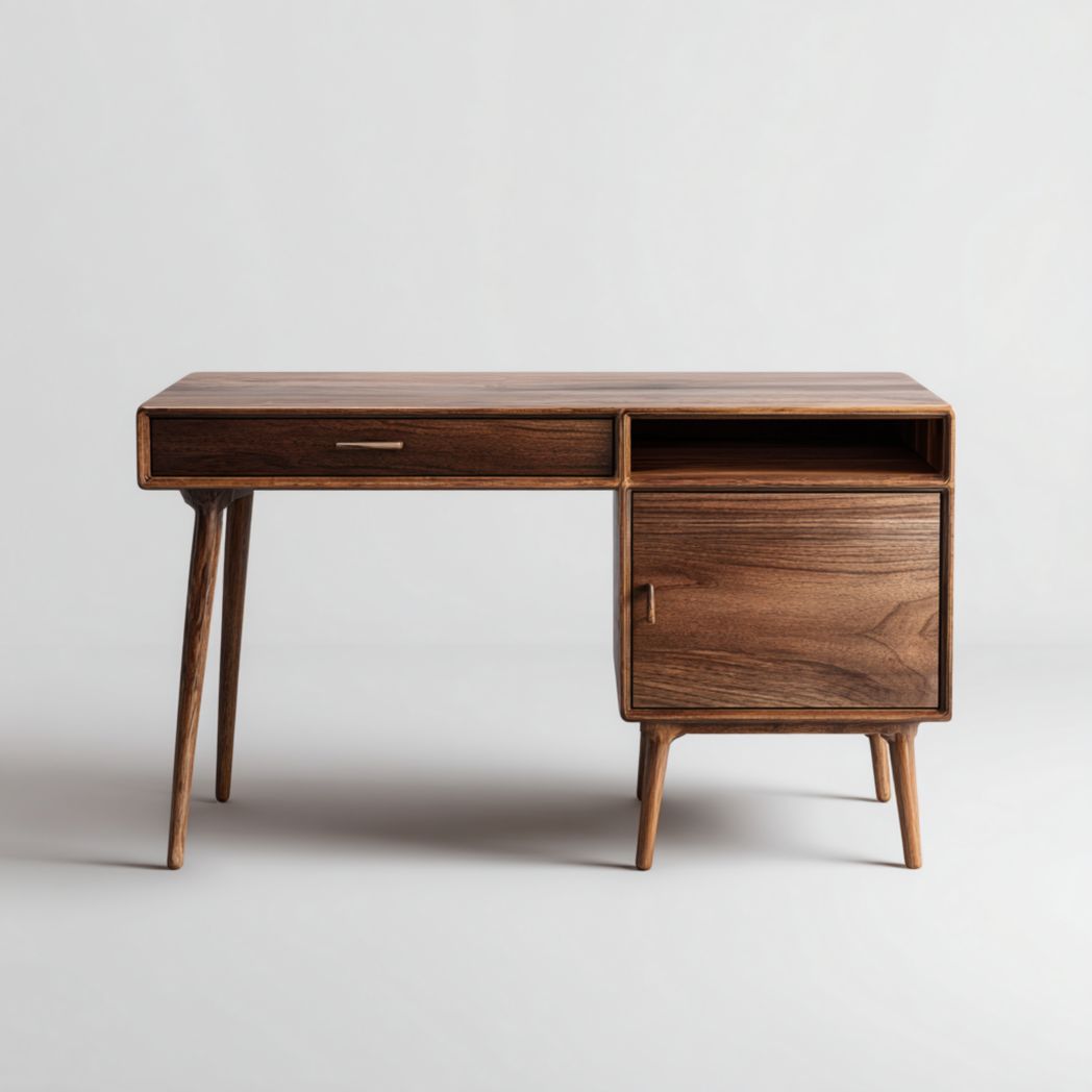 Bureau en bois massif brun foncé avec armoire latérale et poignées métalliques argentées