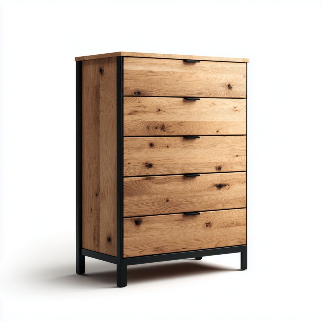 Commode en bois marron clair à cinq tiroirs avec tiroirs en métal noir et à plusieurs niveaux