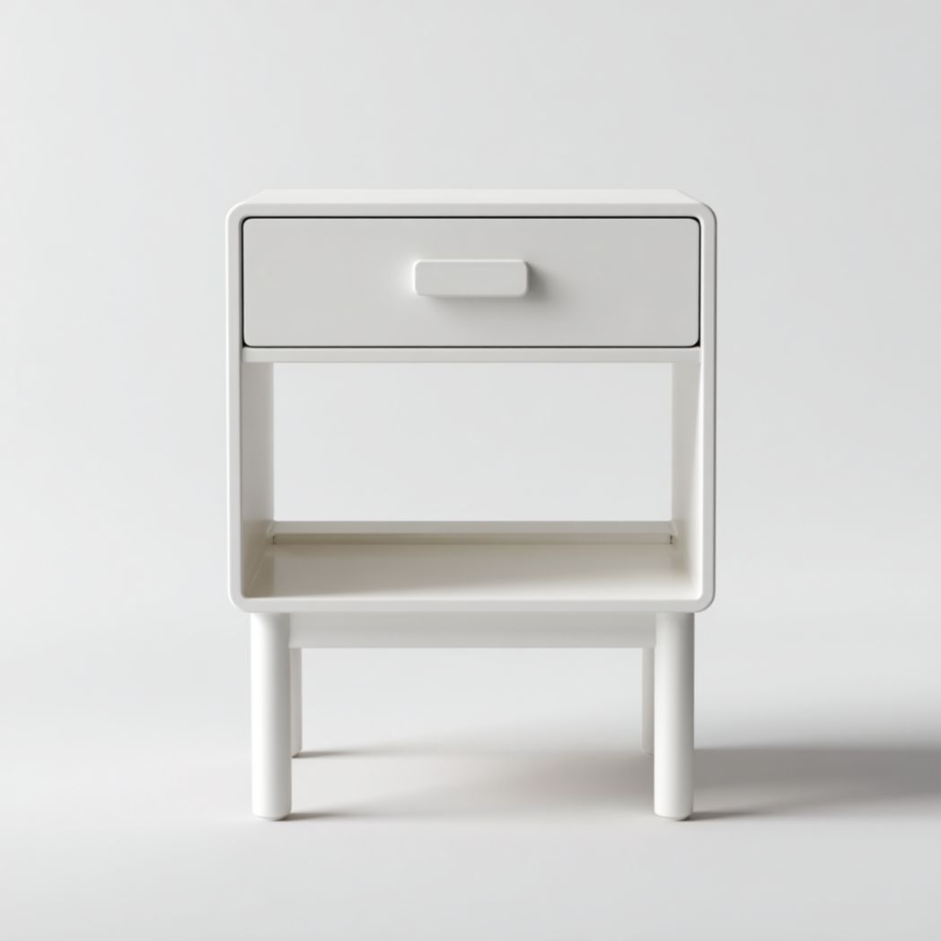 Table de chevet carrée en bois blanc avec tiroir unique et étagère ouverte inférieure