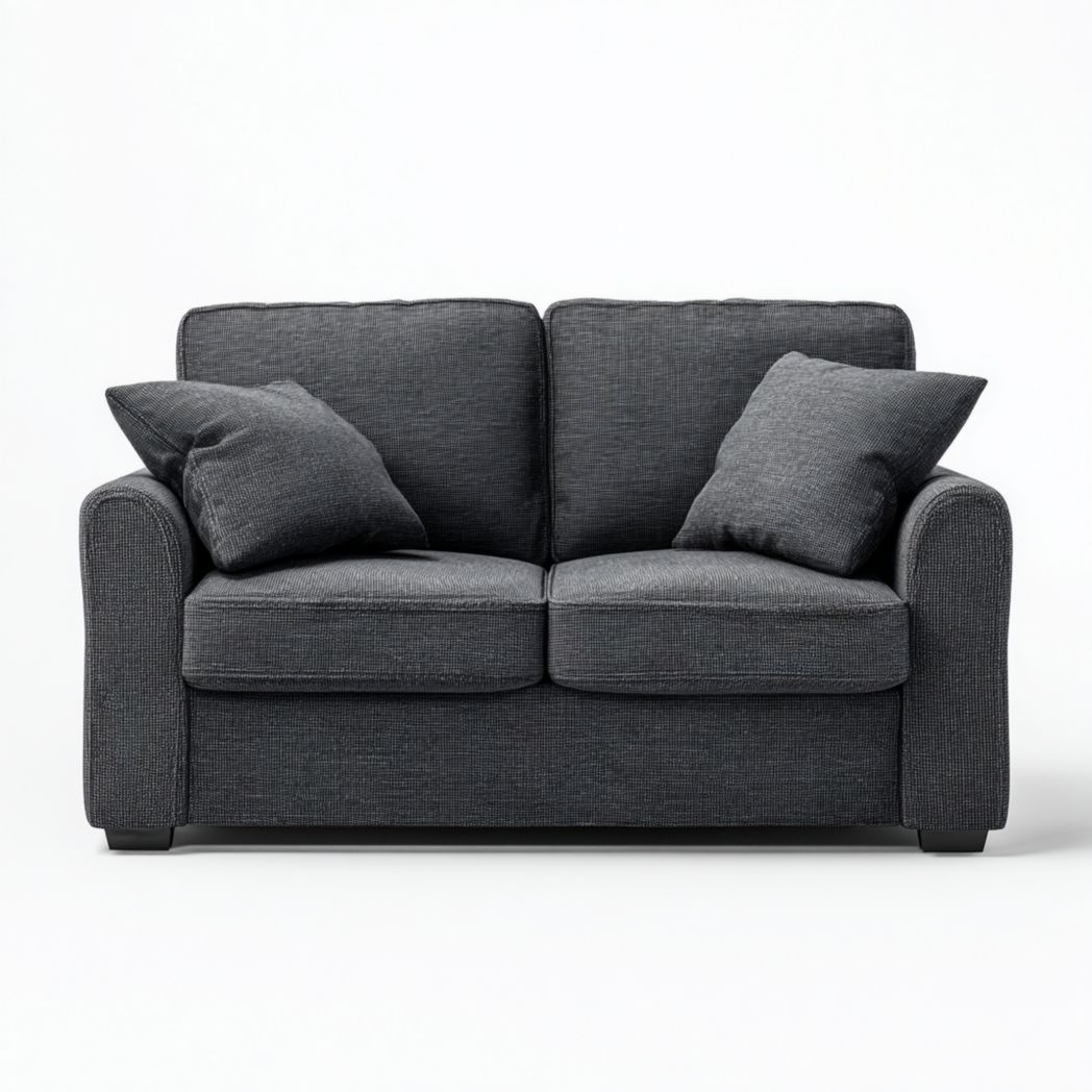 Canapé double en tissu gris foncé avec accoudoirs incurvés et deux coussins