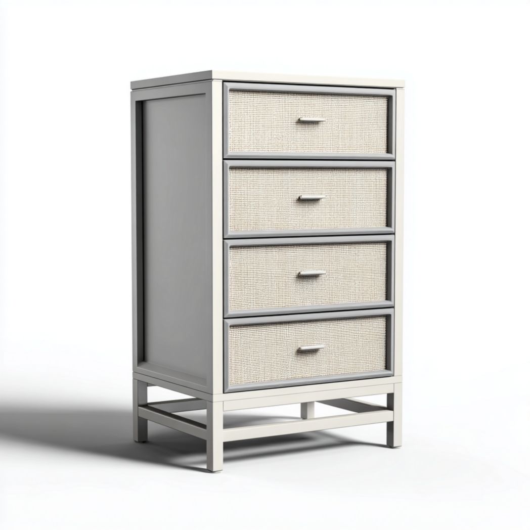 Commode blanche à quatre tiroirs avec cadre gris clair, façades effet rotin et poignées métalliques