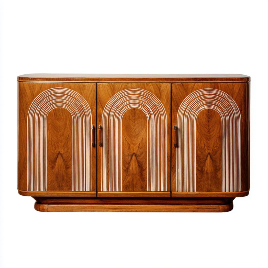 Buffet en bois sculpté courbé marron, design de meuble de rangement à trois portes