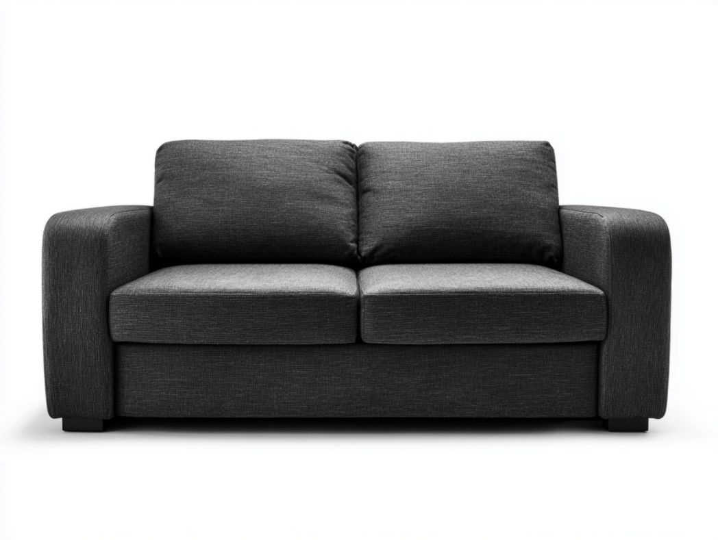 Canapé 2 places en tissu gris foncé, structure et pieds en bois, sans coussins