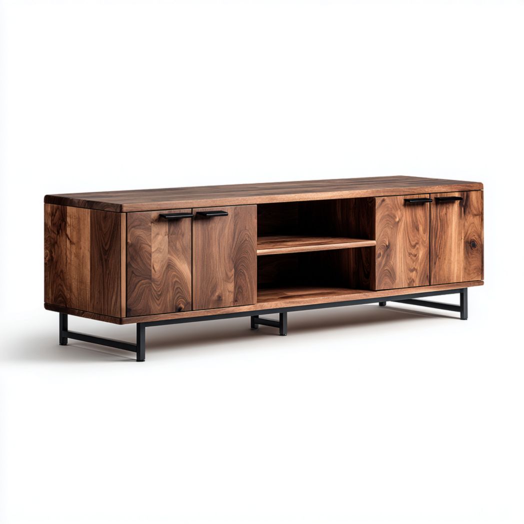 Meuble TV en bois marron foncé avec une base en métal et des portes doubles avec un compartiment central ouvert