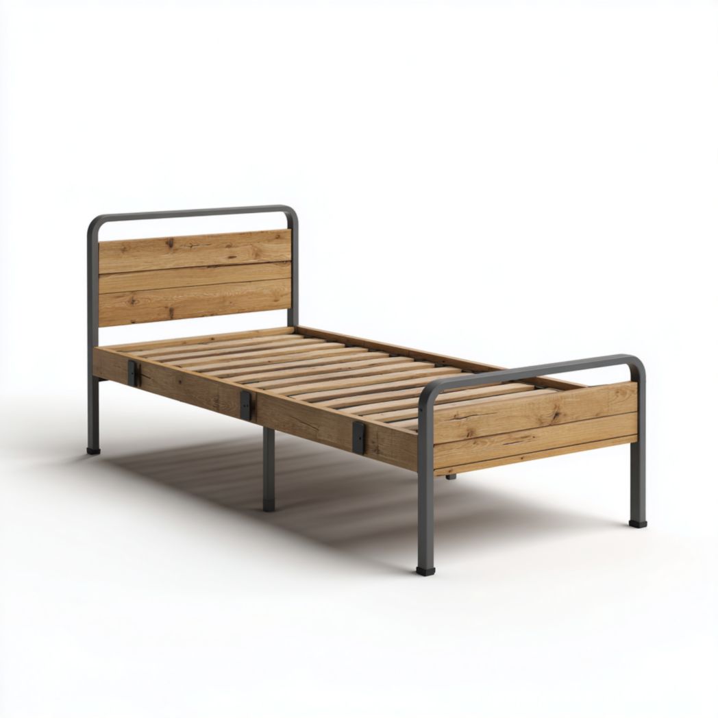 Lit simple avec cadre en métal et panneaux en bois massif, sans matelas
