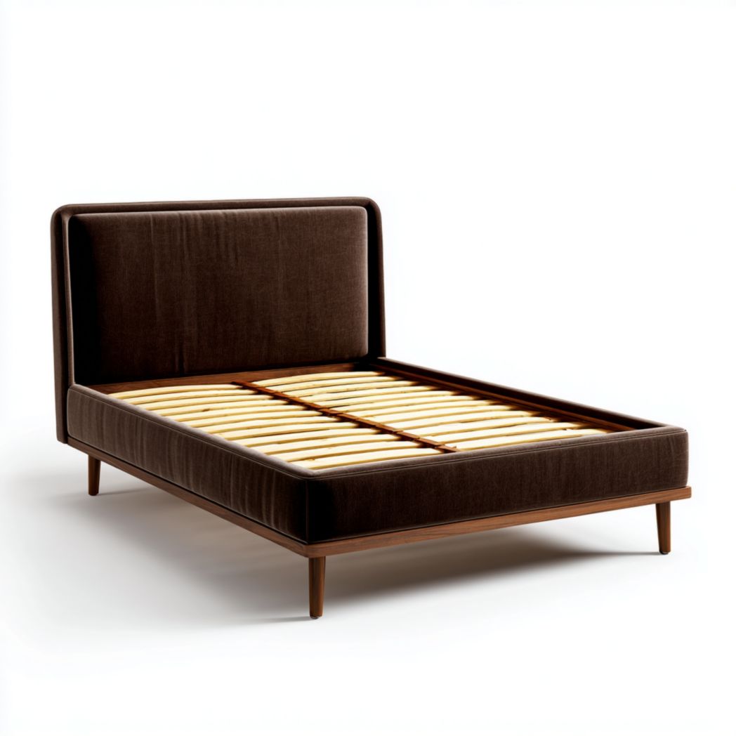 Cadre de lit en tissu marron café avec tête de lit rembourrée et lattes de lit en bois marron clair