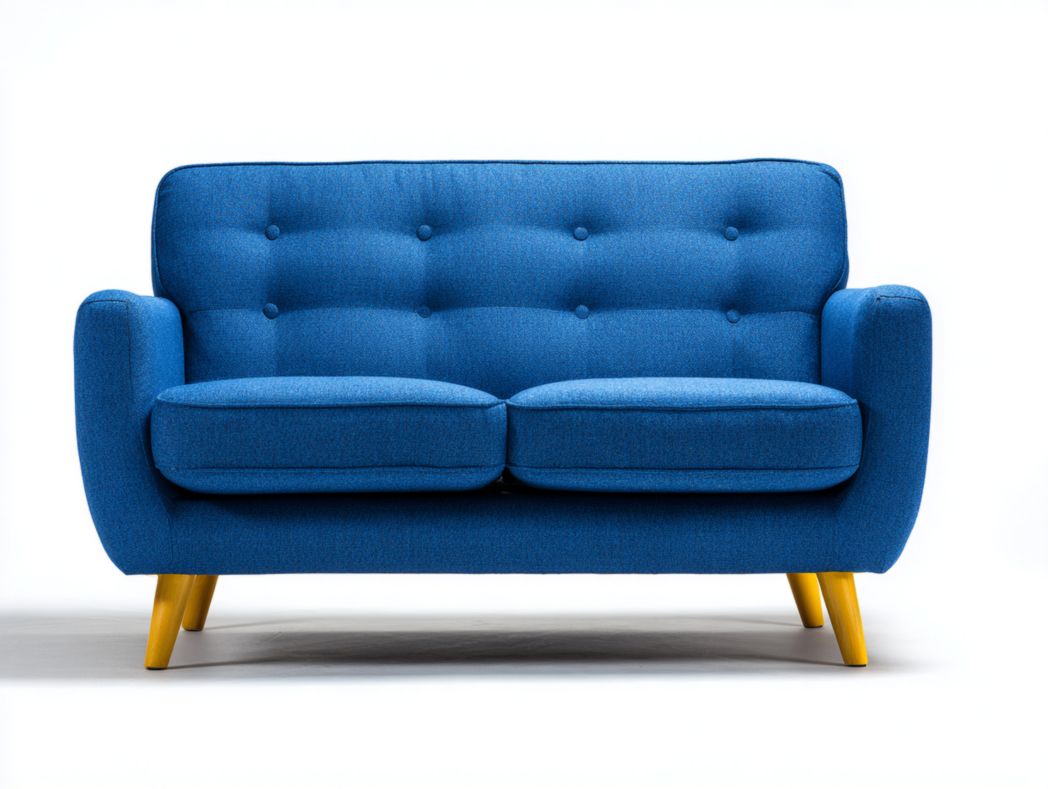 Canapé 2 places en tissu bleu, structure et pieds en bois massif, dossier à boutons, sans coussins