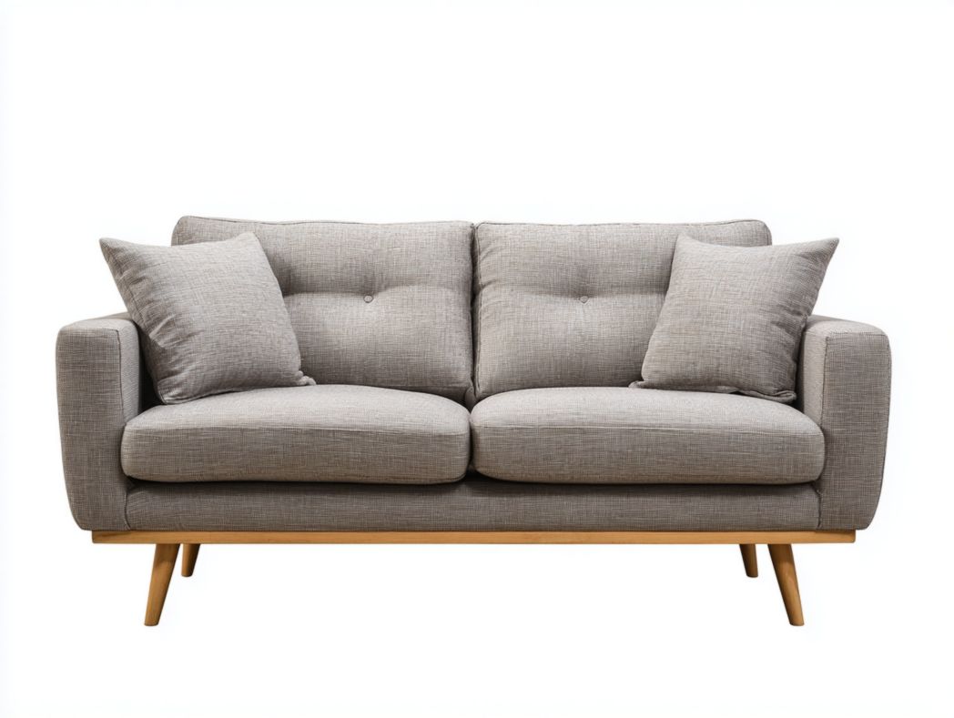 Canapé 2 places en tissu gris clair, base et pieds coniques en bois massif, avec deux coussins gris clair