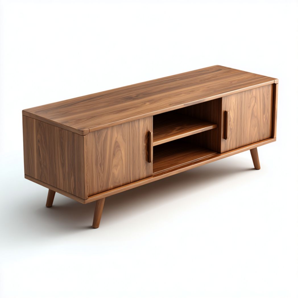 Meuble TV en bois marron foncé avec portes latérales doubles et compartiment central ouvert avec poignées en bois massif