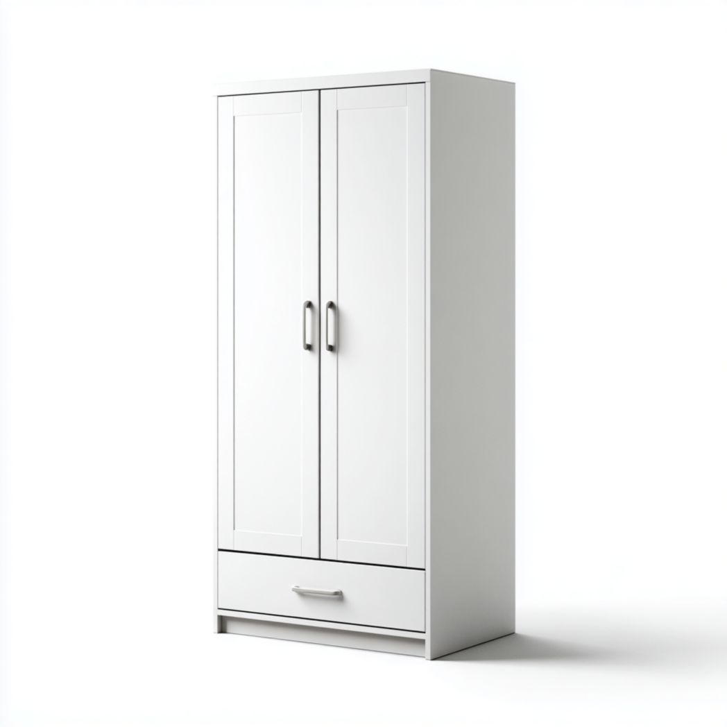 Armoire blanche à deux portes avec tiroir inférieur et poignées en métal brossé