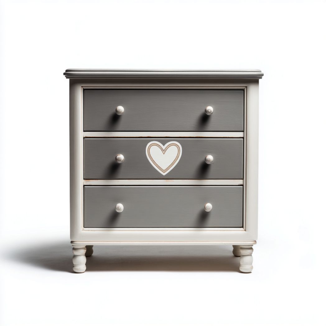 Commode à trois tiroirs en bois avec structure gris et blanc et motif en forme de cœur
