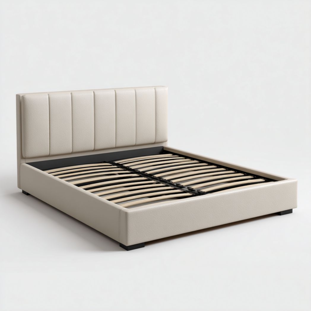 Cadre de lit en similicuir beige avec tête de lit rembourrée et lattes marron clair