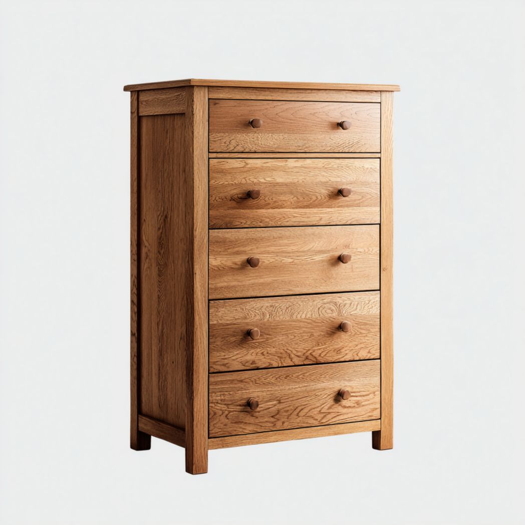 Commode à cinq tiroirs en bois avec structure brun clair et poignées rondes