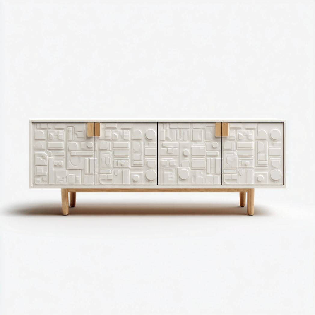 Meuble TV long blanc cassé avec portes sculptées géométriques et poignées en bois clair