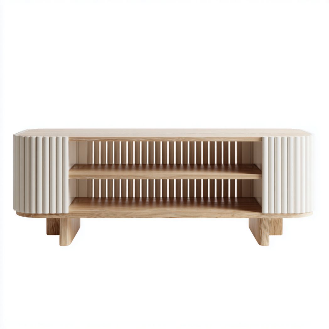 Meuble TV en bois marron clair et blanc cassé avec surface à rayures arrondies, structure en couches et base renforcée