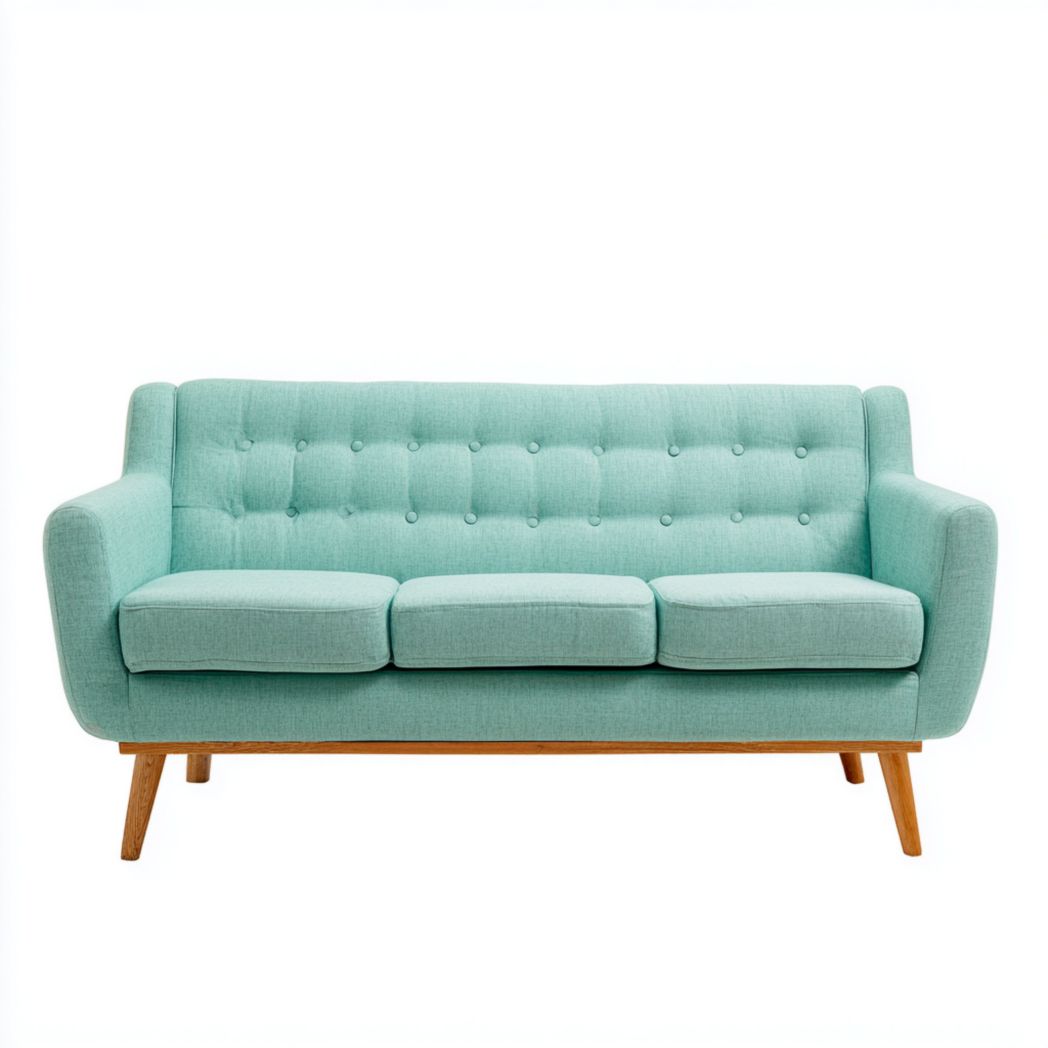 Canapé 3 places en tissu vert menthe avec dossier à boutons et base en bois brun clair