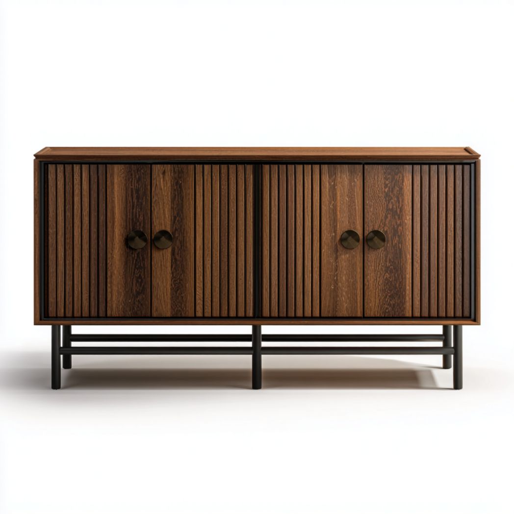 Buffet en bois rayé de chêne brun foncé avec supports en métal noir et quatre portes