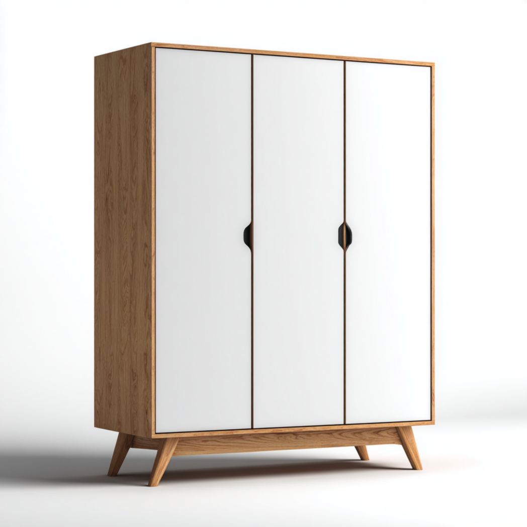 Armoire blanche et chêne à trois portes avec poignées encastrées et structure en bois