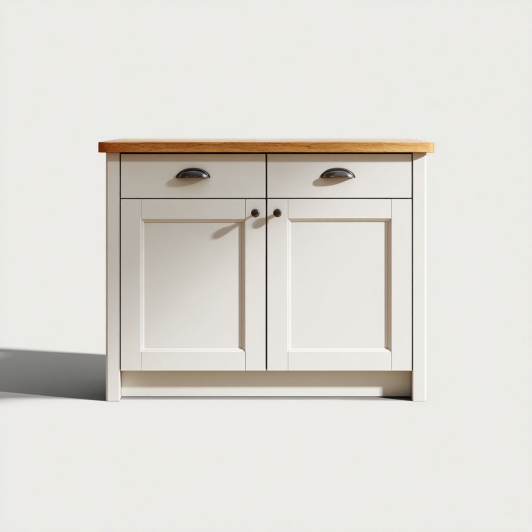 Buffet blanc en bois massif avec plateau en chêne, deux tiroirs et deux portes