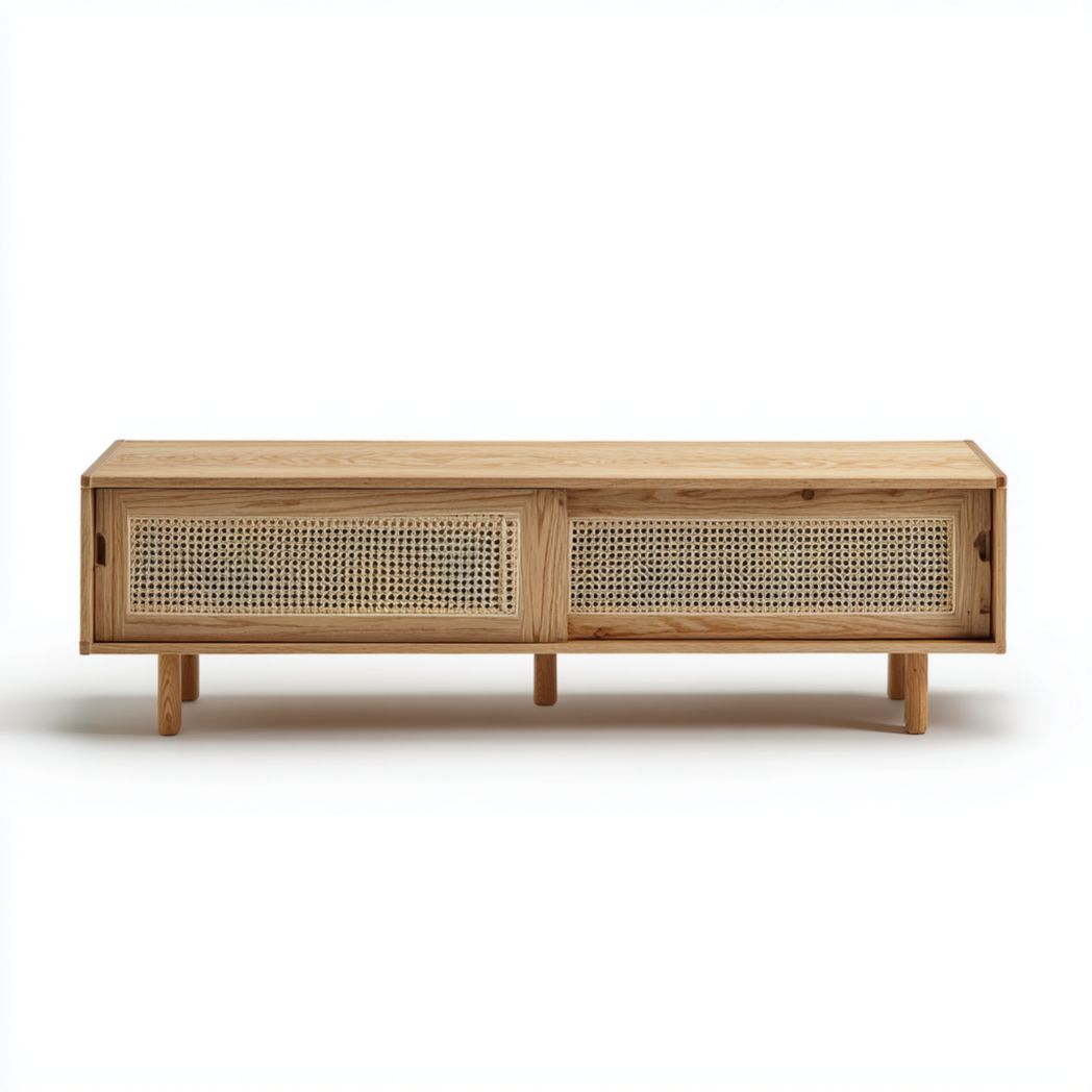 Meuble TV long marron clair, design à double porte en rotin et structure en bois massif